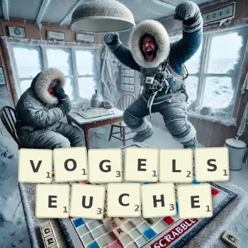 Kreative Illustration für ein Scrabble-Spiel, bei dem das Wort VOGELSEUCHE mit Steinen auf dem Brett gelegt wurde.