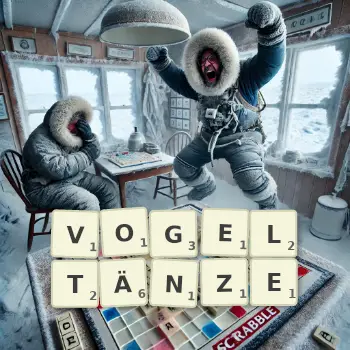 Kreative Illustration für ein Scrabble-Spiel, bei dem das Wort VOGELTÄNZE mit Steinen auf dem Brett gelegt wurde.