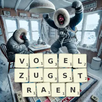 Kreative Illustration für ein Scrabble-Spiel, bei dem das Wort VOGELZUGSTRAEN mit Steinen auf dem Brett gelegt wurde.