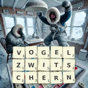 Kreative Illustration für ein Scrabble-Spiel, bei dem das Wort VOGELZWITSCHERN mit Steinen auf dem Brett gelegt wurde.