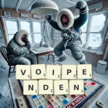 Kreative Illustration für ein Scrabble-Spiel, bei dem das Wort VOIPENDEN mit Steinen auf dem Brett gelegt wurde.