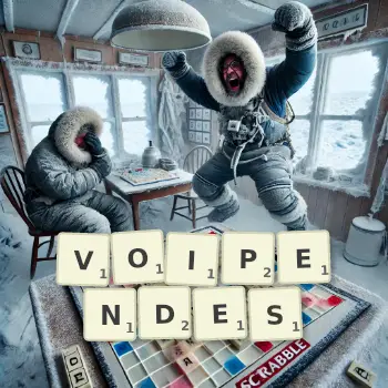 Kreative Illustration für ein Scrabble-Spiel, bei dem das Wort VOIPENDES mit Steinen auf dem Brett gelegt wurde.