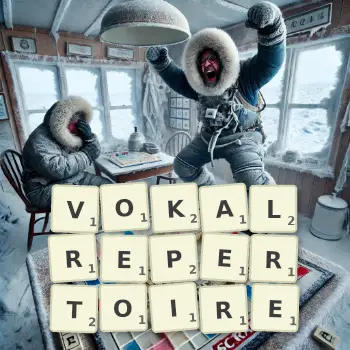 Kreative Illustration für ein Scrabble-Spiel, bei dem das Wort VOKALREPERTOIRE mit Steinen auf dem Brett gelegt wurde.