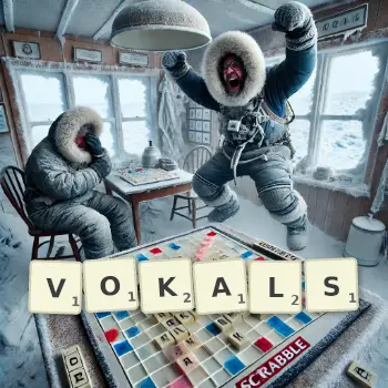Kreative Illustration für ein Scrabble-Spiel, bei dem das Wort VOKALS mit Steinen auf dem Brett gelegt wurde.