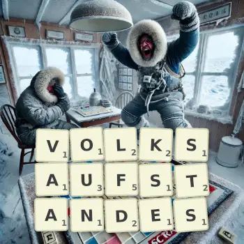 Kreative Illustration für ein Scrabble-Spiel, bei dem das Wort VOLKSAUFSTANDES mit Steinen auf dem Brett gelegt wurde.