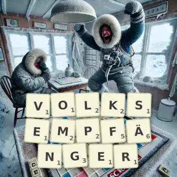 Kreative Illustration für ein Scrabble-Spiel, bei dem das Wort VOLKSEMPFÄNGER mit Steinen auf dem Brett gelegt wurde.