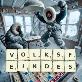 Kreative Illustration für ein Scrabble-Spiel, bei dem das Wort VOLKSFEINDES mit Steinen auf dem Brett gelegt wurde.