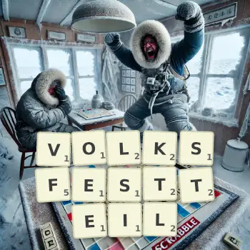 Kreative Illustration für ein Scrabble-Spiel, bei dem das Wort VOLKSFESTTEIL mit Steinen auf dem Brett gelegt wurde.