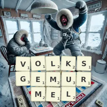 Kreative Illustration für ein Scrabble-Spiel, bei dem das Wort VOLKSGEMURMEL mit Steinen auf dem Brett gelegt wurde.