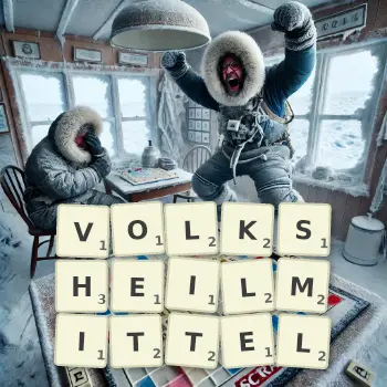 Kreative Illustration für ein Scrabble-Spiel, bei dem das Wort VOLKSHEILMITTEL mit Steinen auf dem Brett gelegt wurde.