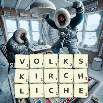 Kreative Illustration für ein Scrabble-Spiel, bei dem das Wort VOLKSKIRCHLICHE mit Steinen auf dem Brett gelegt wurde.