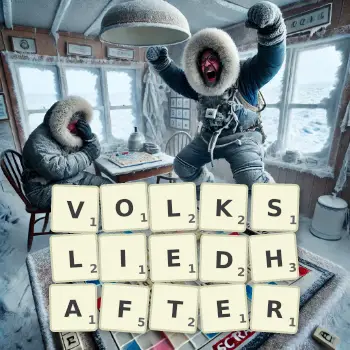 Kreative Illustration für ein Scrabble-Spiel, bei dem das Wort VOLKSLIEDHAFTER mit Steinen auf dem Brett gelegt wurde.