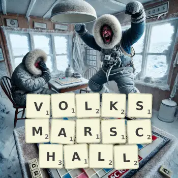 Kreative Illustration für ein Scrabble-Spiel, bei dem das Wort VOLKSMARSCHALL mit Steinen auf dem Brett gelegt wurde.