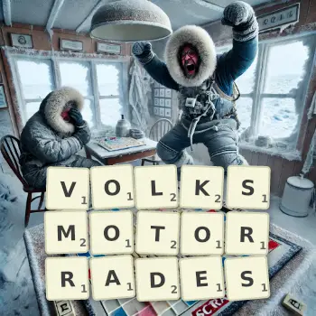 Kreative Illustration für ein Scrabble-Spiel, bei dem das Wort VOLKSMOTORRADES mit Steinen auf dem Brett gelegt wurde.