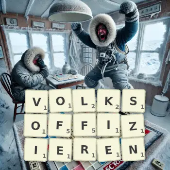 Kreative Illustration für ein Scrabble-Spiel, bei dem das Wort VOLKSOFFIZIEREN mit Steinen auf dem Brett gelegt wurde.