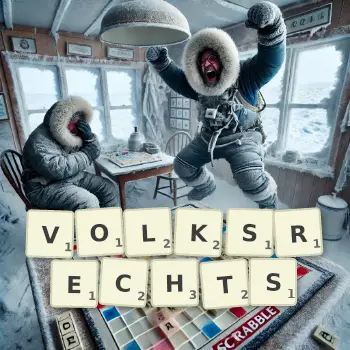 Kreative Illustration für ein Scrabble-Spiel, bei dem das Wort VOLKSRECHTS mit Steinen auf dem Brett gelegt wurde.
