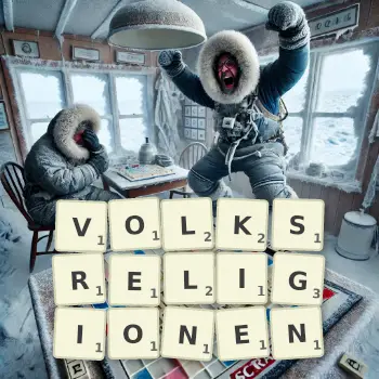 Kreative Illustration für ein Scrabble-Spiel, bei dem das Wort VOLKSRELIGIONEN mit Steinen auf dem Brett gelegt wurde.