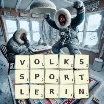 Kreative Illustration für ein Scrabble-Spiel, bei dem das Wort VOLKSSPORTLERIN mit Steinen auf dem Brett gelegt wurde.