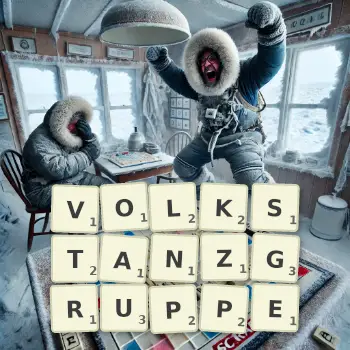 Kreative Illustration für ein Scrabble-Spiel, bei dem das Wort VOLKSTANZGRUPPE mit Steinen auf dem Brett gelegt wurde.