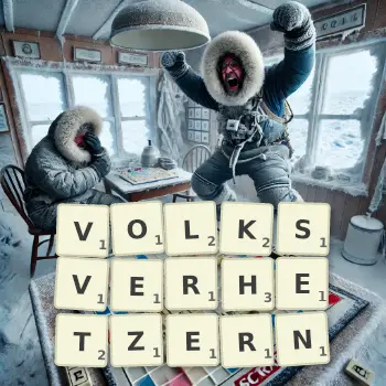 Kreative Illustration für ein Scrabble-Spiel, bei dem das Wort VOLKSVERHETZERN mit Steinen auf dem Brett gelegt wurde.