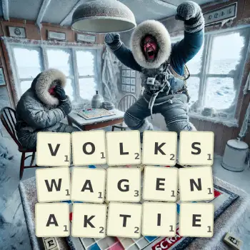 Kreative Illustration für ein Scrabble-Spiel, bei dem das Wort VOLKSWAGENAKTIE mit Steinen auf dem Brett gelegt wurde.