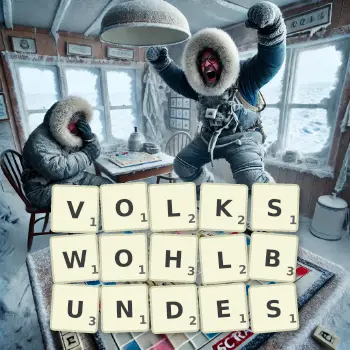 Kreative Illustration für ein Scrabble-Spiel, bei dem das Wort VOLKSWOHLBUNDES mit Steinen auf dem Brett gelegt wurde.