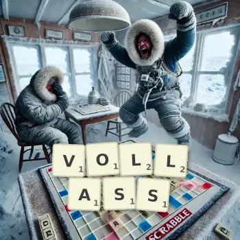 Kreative Illustration für ein Scrabble-Spiel, bei dem das Wort VOLLASS mit Steinen auf dem Brett gelegt wurde.