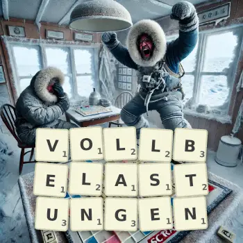 Kreative Illustration für ein Scrabble-Spiel, bei dem das Wort VOLLBELASTUNGEN mit Steinen auf dem Brett gelegt wurde.