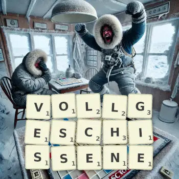 Kreative Illustration für ein Scrabble-Spiel, bei dem das Wort VOLLGESCHISSENE mit Steinen auf dem Brett gelegt wurde.