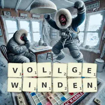 Kreative Illustration für ein Scrabble-Spiel, bei dem das Wort VOLLGEWINDEN mit Steinen auf dem Brett gelegt wurde.