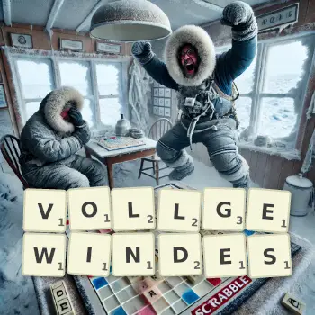 Kreative Illustration für ein Scrabble-Spiel, bei dem das Wort VOLLGEWINDES mit Steinen auf dem Brett gelegt wurde.