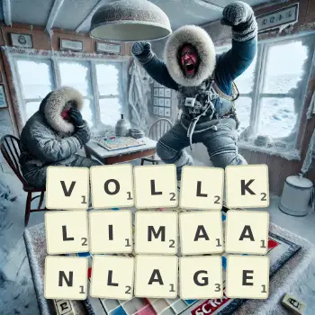 Kreative Illustration für ein Scrabble-Spiel, bei dem das Wort VOLLKLIMAANLAGE mit Steinen auf dem Brett gelegt wurde.