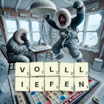 Kreative Illustration für ein Scrabble-Spiel, bei dem das Wort VOLLLIEFEN mit Steinen auf dem Brett gelegt wurde.