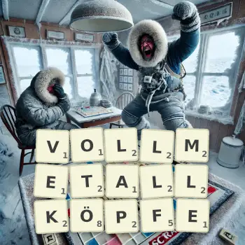 Kreative Illustration für ein Scrabble-Spiel, bei dem das Wort VOLLMETALLKÖPFE mit Steinen auf dem Brett gelegt wurde.