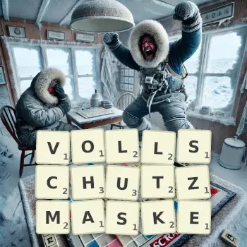 Kreative Illustration für ein Scrabble-Spiel, bei dem das Wort VOLLSCHUTZMASKE mit Steinen auf dem Brett gelegt wurde.