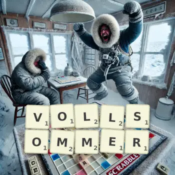 Kreative Illustration für ein Scrabble-Spiel, bei dem das Wort VOLLSOMMER mit Steinen auf dem Brett gelegt wurde.