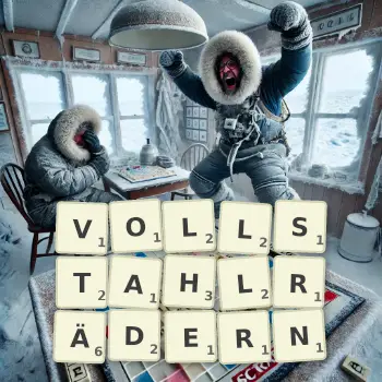 Kreative Illustration für ein Scrabble-Spiel, bei dem das Wort VOLLSTAHLRÄDERN mit Steinen auf dem Brett gelegt wurde.