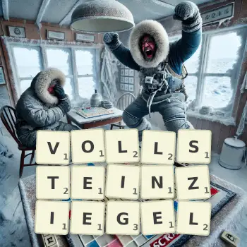 Kreative Illustration für ein Scrabble-Spiel, bei dem das Wort VOLLSTEINZIEGEL mit Steinen auf dem Brett gelegt wurde.