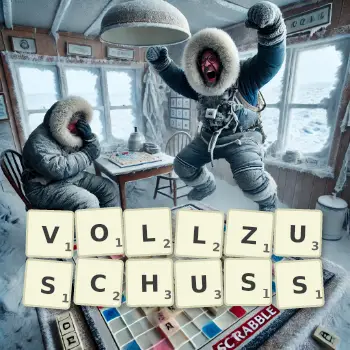Kreative Illustration für ein Scrabble-Spiel, bei dem das Wort VOLLZUSCHUSS mit Steinen auf dem Brett gelegt wurde.