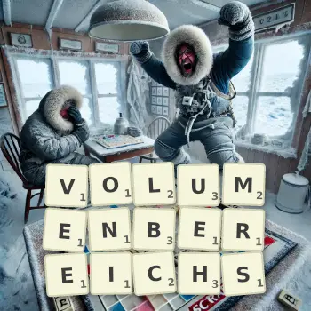 Kreative Illustration für ein Scrabble-Spiel, bei dem das Wort VOLUMENBEREICHS mit Steinen auf dem Brett gelegt wurde.