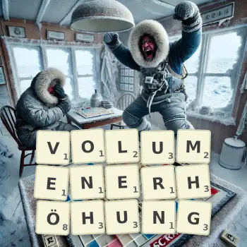 Kreative Illustration für ein Scrabble-Spiel, bei dem das Wort VOLUMENERHÖHUNG mit Steinen auf dem Brett gelegt wurde.