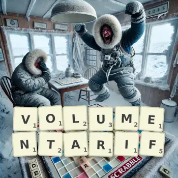 Kreative Illustration für ein Scrabble-Spiel, bei dem das Wort VOLUMENTARIF mit Steinen auf dem Brett gelegt wurde.