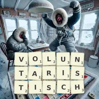 Kreative Illustration für ein Scrabble-Spiel, bei dem das Wort VOLUNTARISTISCH mit Steinen auf dem Brett gelegt wurde.