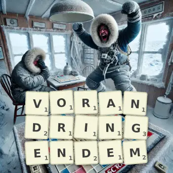 Kreative Illustration für ein Scrabble-Spiel, bei dem das Wort VORANDRINGENDEM mit Steinen auf dem Brett gelegt wurde.