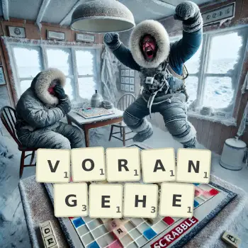 Kreative Illustration für ein Scrabble-Spiel, bei dem das Wort VORANGEHE mit Steinen auf dem Brett gelegt wurde.