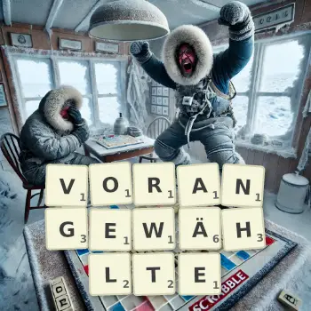 Kreative Illustration für ein Scrabble-Spiel, bei dem das Wort VORANGEWÄHLTE mit Steinen auf dem Brett gelegt wurde.