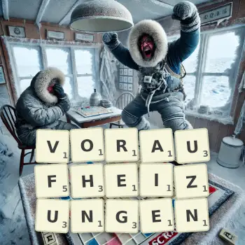 Kreative Illustration für ein Scrabble-Spiel, bei dem das Wort VORAUFHEIZUNGEN mit Steinen auf dem Brett gelegt wurde.
