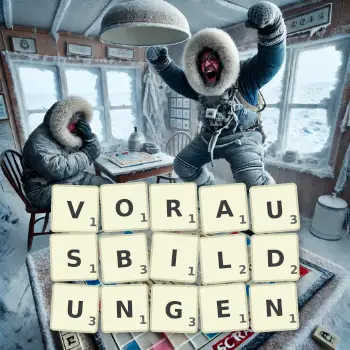 Kreative Illustration für ein Scrabble-Spiel, bei dem das Wort VORAUSBILDUNGEN mit Steinen auf dem Brett gelegt wurde.