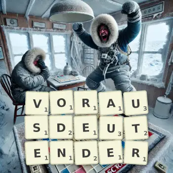 Kreative Illustration für ein Scrabble-Spiel, bei dem das Wort VORAUSDEUTENDER mit Steinen auf dem Brett gelegt wurde.