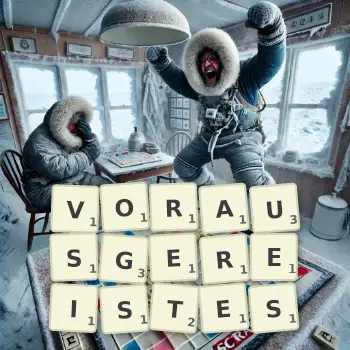 Kreative Illustration für ein Scrabble-Spiel, bei dem das Wort VORAUSGEREISTES mit Steinen auf dem Brett gelegt wurde.